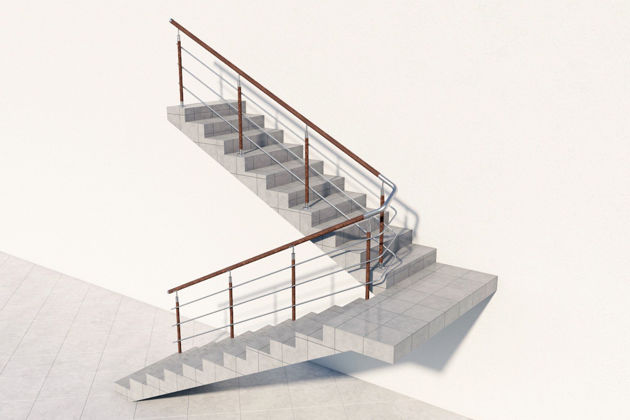 Три ригеля на держателях, круглый деревянный поручень и стойки