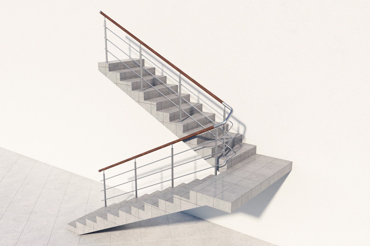 Три ригеля на сварке, круглый деревянный поручень и круглые стойки