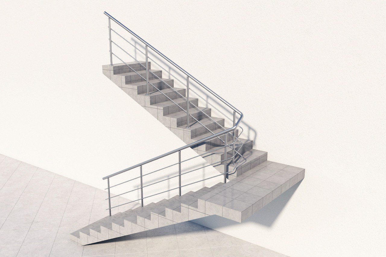 Три ригеля на сварке, круглый поручень и круглые стойки для лестницы