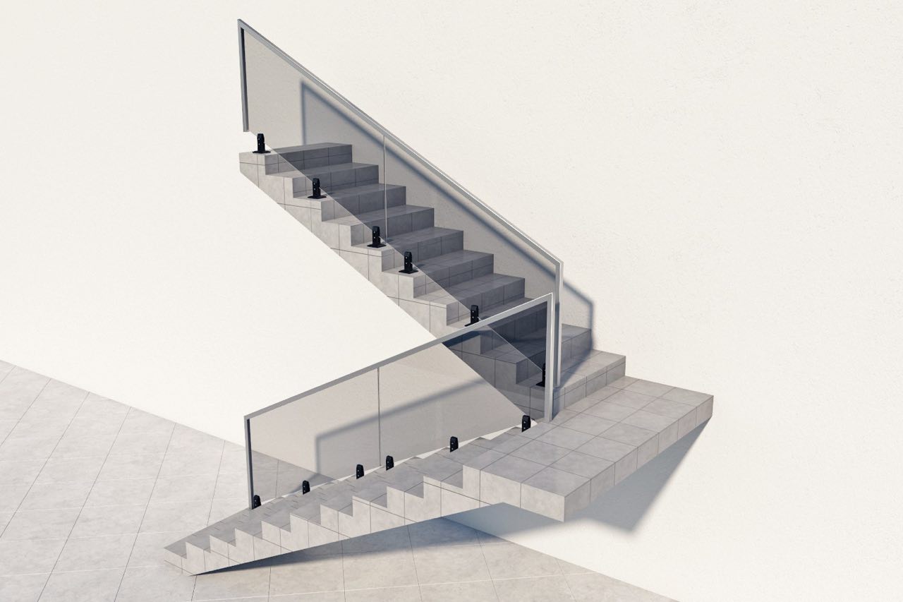 Цельностеклянное лестничное ограждение на министойках поручень с опуском в пол квадрат из нержавеющей стали для лестницы