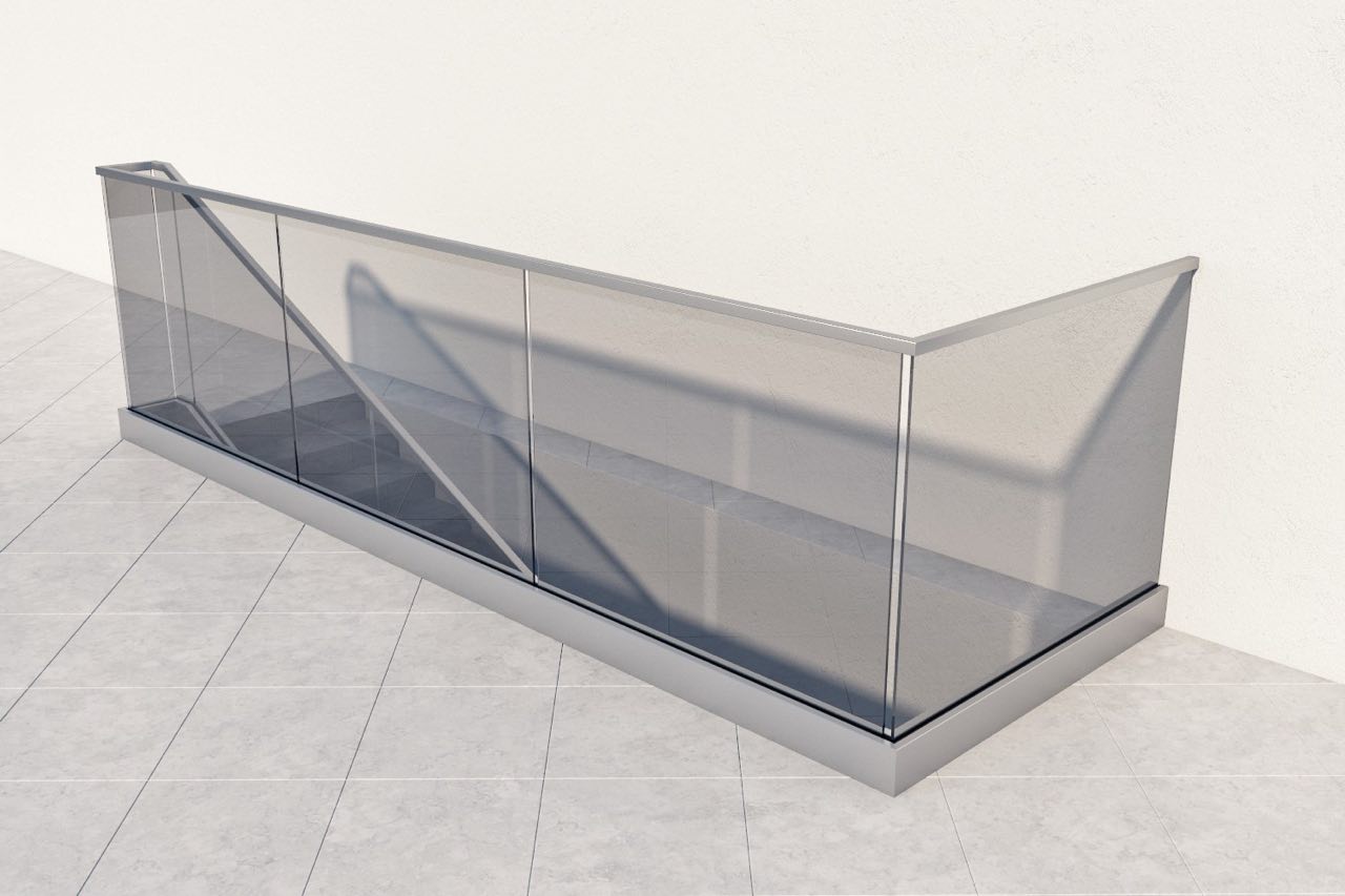 Цельностеклянное ограждение на зажимном алюминиевом профиле поручень квадрат для лестницы