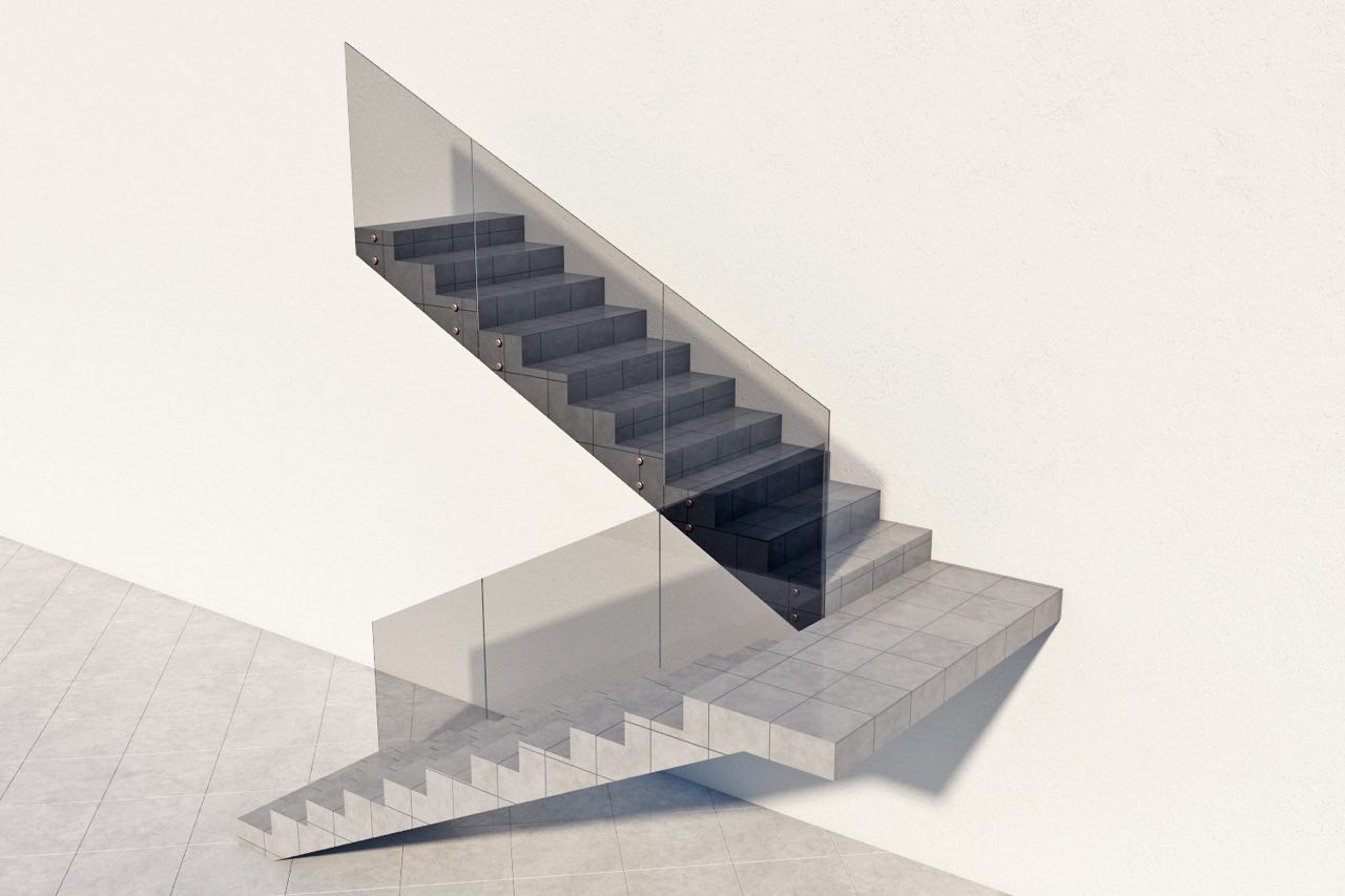 Ограждение для лестницы на несущем стекле с точечным креплением в торец для лестницы