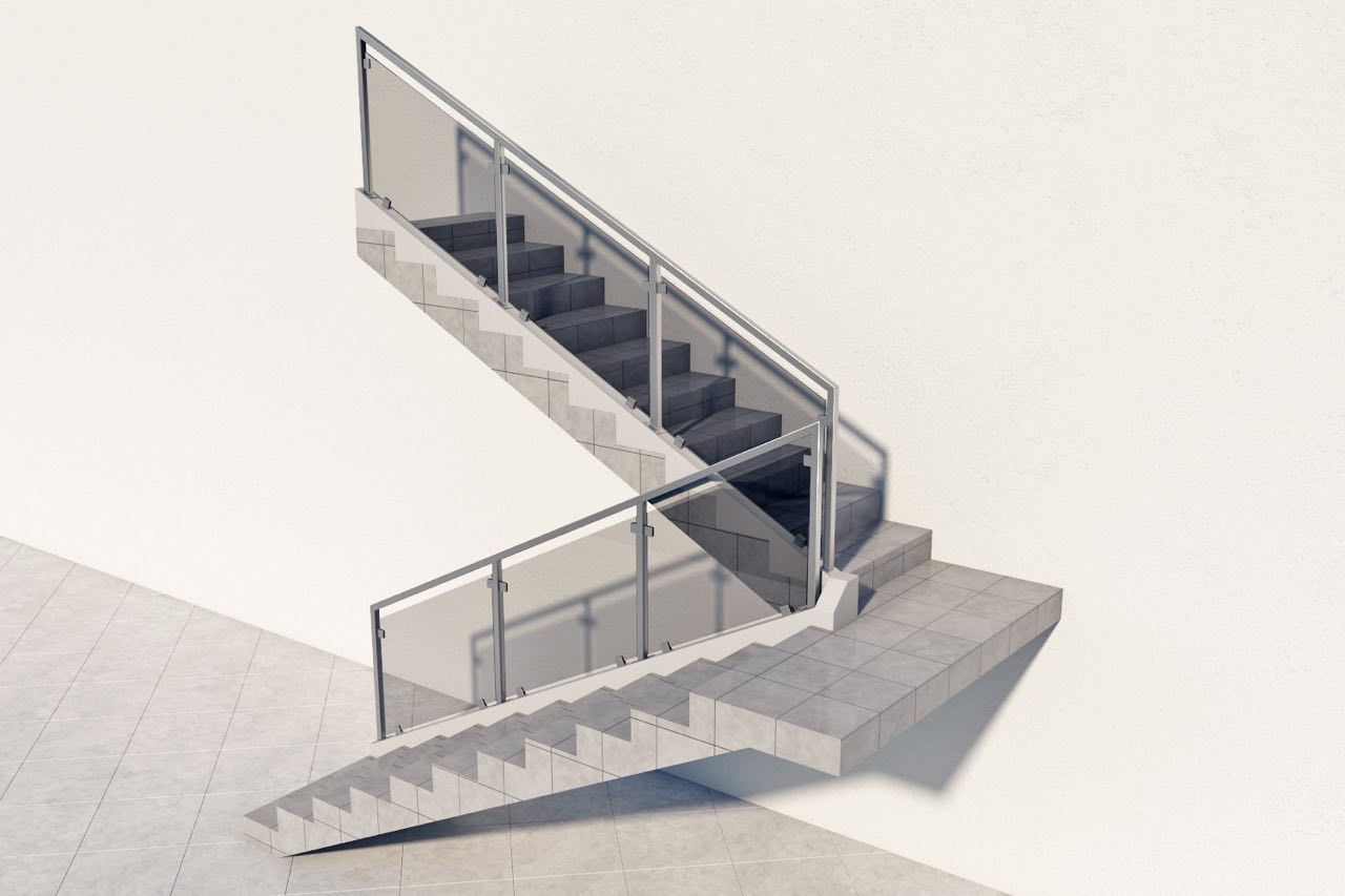 Ограждение лестницы с квадратным поручням стойками и стеклодержателями