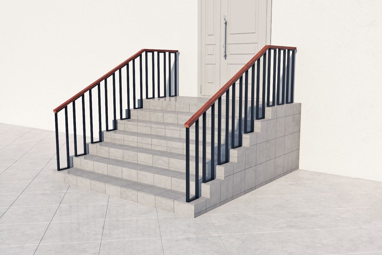 Ограждение входной группы прямоугольный поручень из дуба стойки из металла