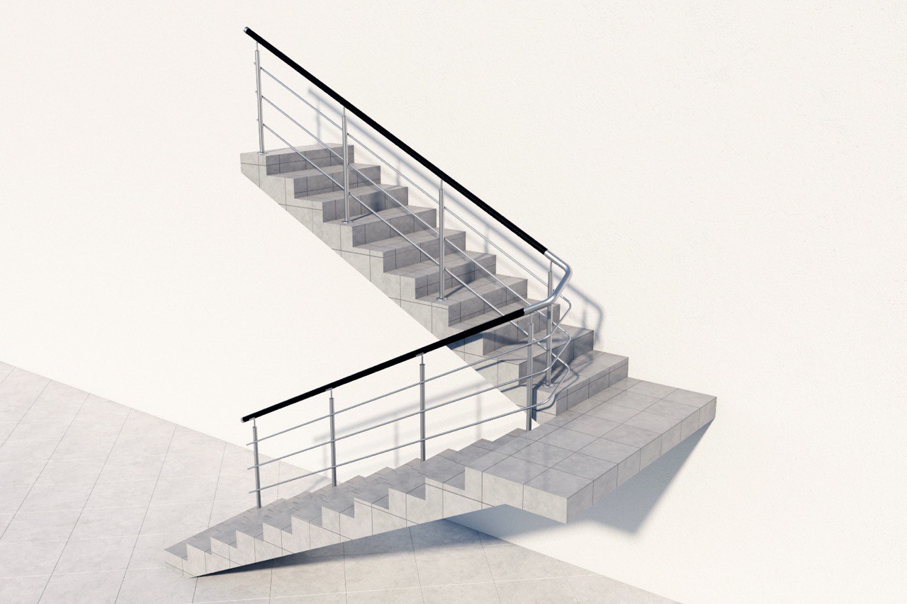 Три ригеля на сварке, круглый пластиковый поручень и круглые стойки